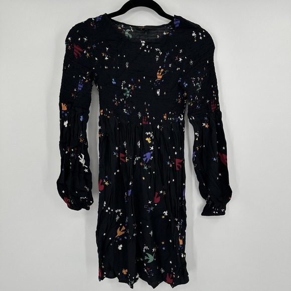 Maje Reskia Dress‎ Womens Small Black Smocked Star Print Long Sleeve Pleated